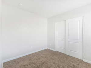 Unfurnished bedroom featuring carpet and a closet