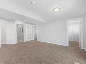 Carpeted empty room with electric panel and a textured ceiling