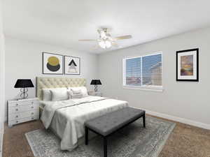 Bedroom featuring ceiling fan and carpet floors