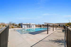 View of swimming pool featuring a patio