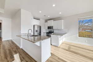 Kitchen with white cabinetry, appliances with stainless steel finishes, sink, and kitchen peninsula