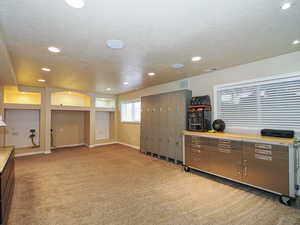 Interior space featuring light colored carpet and a textured ceiling