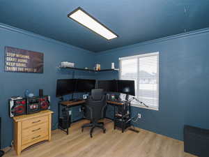 Office space with ornamental molding and light hardwood / wood-style floors