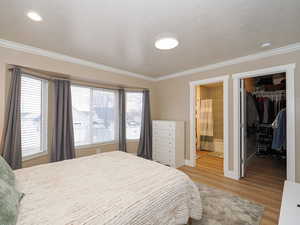 Bedroom with hardwood / wood-style flooring, ensuite bathroom, ornamental molding, a walk in closet, and a closet