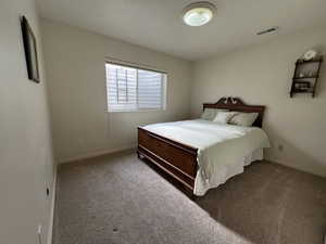 Bedroom with dark carpet