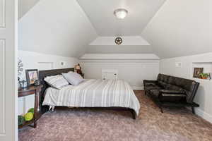 Bedroom featuring carpet floors and vaulted ceiling