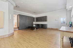 Interior space featuring crown molding, dark brown cabinetry, and light hardwood / wood-style floors