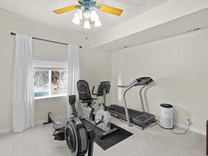 Exercise room featuring ceiling fan and light carpet