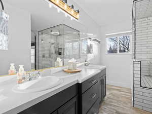 Bathroom featuring vanity, vaulted ceiling, and a shower with door