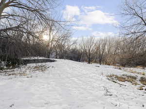 View of yard covered in snow