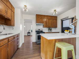 Kitchen with stainless steel gas range, sink, dark hardwood / wood-style floors, a kitchen breakfast bar, and decorative backsplash