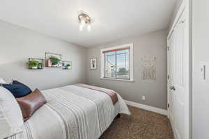 Bedroom featuring carpet floors and a closet
