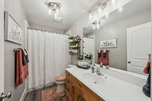 Main Bathroom featuring vanity, hardwood / wood-style flooring, toilet, and a shower with shower curtain