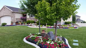 Summer/Spring View of front of house with a garage and a front lawn