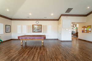 Rec room with billiards and dark hardwood / wood-style floors