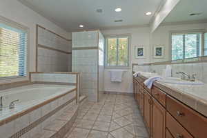 Bathroom featuring ornamental molding, a wealth of natural light, vanity, and plus walk in shower