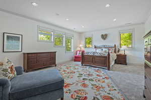 Bedroom with crown molding and light colored carpet