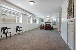 Interior space with ornamental molding and a tiled fireplace