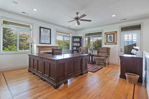 Home office with ceiling fan, plenty of natural light, ornamental molding, and light wood-type flooring