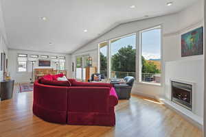 Living room with vaulted ceiling and light hardwood / wood-style flooring