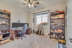 Bedroom with ceiling fan and carpet