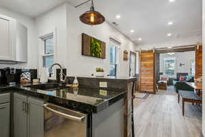 Kitchen with white cabinetry, sink, dark stone counters, stainless steel dishwasher, and a barn door