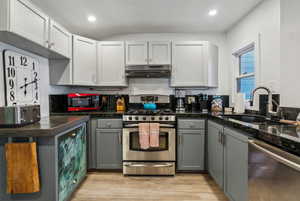 Kitchen featuring gray cabinets, stainless steel appliances, and white cabinets