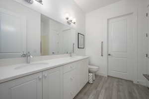 Bathroom featuring vanity, toilet, and hardwood / wood-style floors