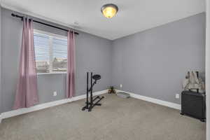 Workout area featuring carpet and a textured ceiling