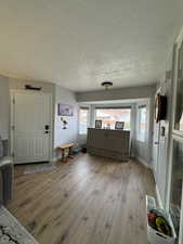 Entryway with a textured ceiling and light hardwood / wood-style flooring