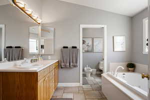 Bathroom featuring vaulted ceiling, vanity, toilet, a bidet, and a bath