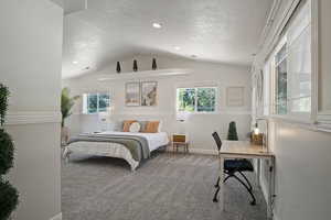 Bedroom with lofted ceiling, carpet floors, and a textured ceiling