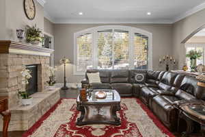 Living room with ornamental molding, plenty of natural light, and a fireplace