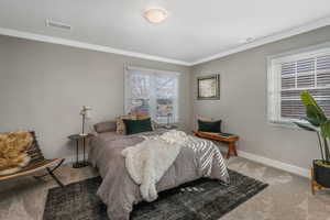 Carpeted bedroom with ornamental molding