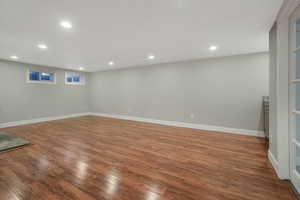 Basement with hardwood / wood-style floors