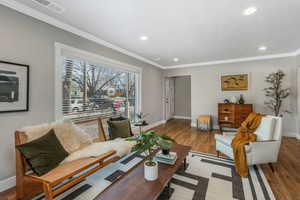 Living room featuring crown molding and wood-type flooring