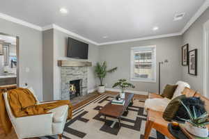 Living room featuring crown molding and a stone fireplace