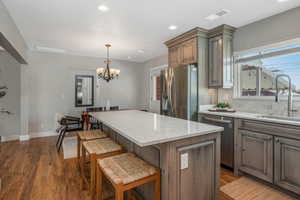 Kitchen with sink, appliances with stainless steel finishes, a center island, dark hardwood / wood-style flooring, and decorative light fixtures