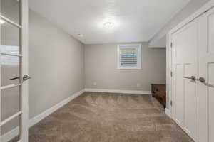 Interior space featuring a closet, carpet, and a textured ceiling