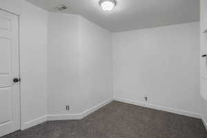 Carpeted empty room with a textured ceiling