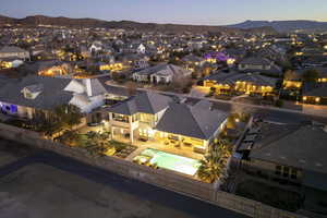 Aerial view at dusk with a mountain view