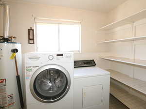 Laundry area featuring water heater and separate washer and dryer