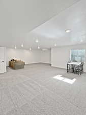 Interior space featuring carpet and a textured ceiling