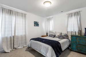 Carpeted bedroom with a textured ceiling