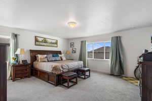 Carpeted bedroom featuring a textured ceiling