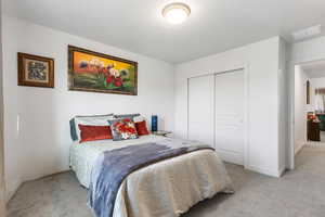 Bedroom featuring light colored carpet and a closet