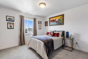 Bedroom featuring light colored carpet and a textured ceiling