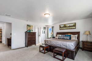 Carpeted bedroom with a textured ceiling