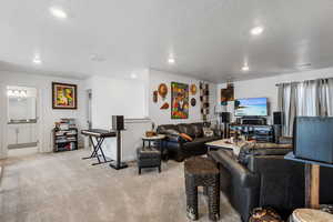 Living room featuring light colored carpet and a textured ceiling