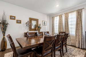 Dining room featuring hardwood / wood-style flooring and a textured ceiling